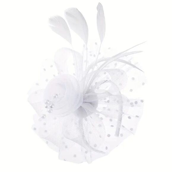 Women's Fascinator Hat - Feather and Pearl Dotted Fascinator For Weddings - Picture 5 of 6